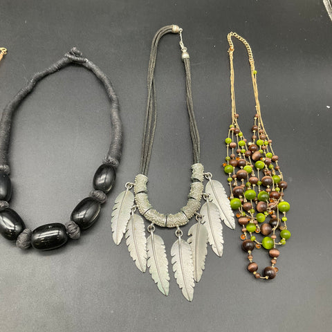 Mixed Costume Jewelry Lot 8 Necklaces Boho Ethnic Tribal Beaded Wood Feather