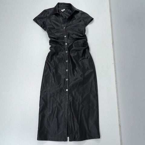 Pilcro Faux Leather Ruched Snap Front Shirtdress Black Sz M