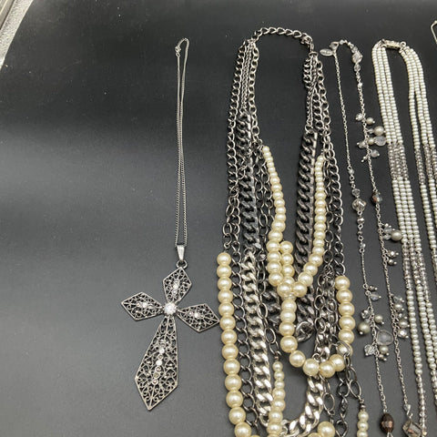 Fashion Costume Necklace Lot of 10 Silver Tone Faux Pearl Cross Pendants