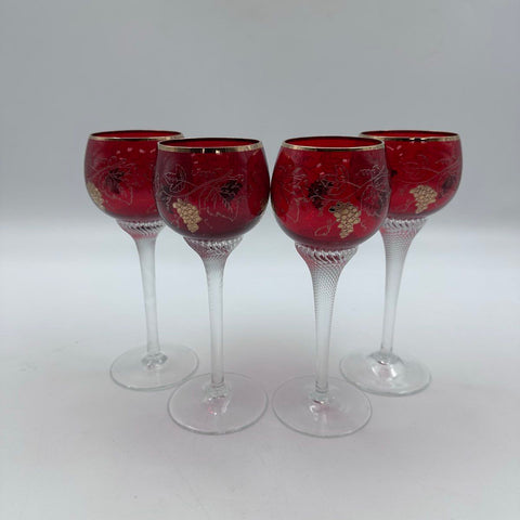 Vintage Ruby Red Wine Glasses 4 Piece Lot Etched Grapes Vines Gold Trim 7 In