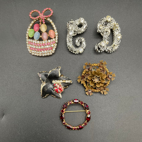 Vintage Costume Jewelry Brooch Lot of 6 Coro Rhinestone Enamel Figural