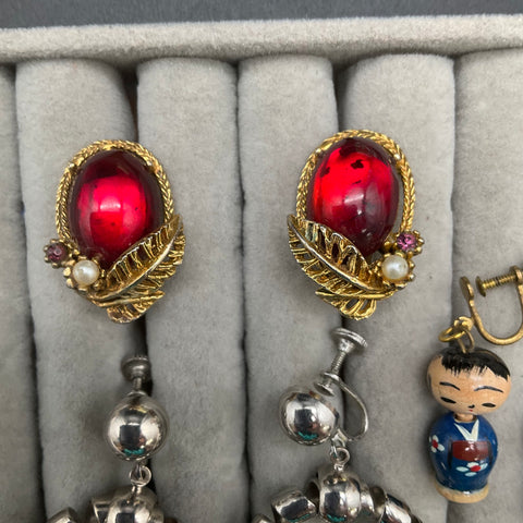 Vintage Costume Jewelry Lot 5 Pairs Micro Mosaic West Germany Fruit Kokeshi