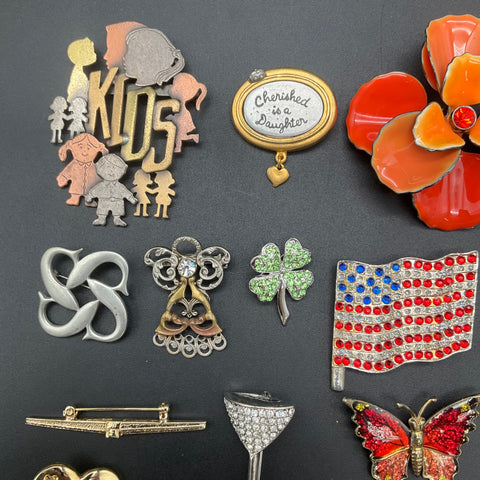Vintage & Modern Costume Brooch Lot of 25 Rhinestone Enamel Pewter Pins