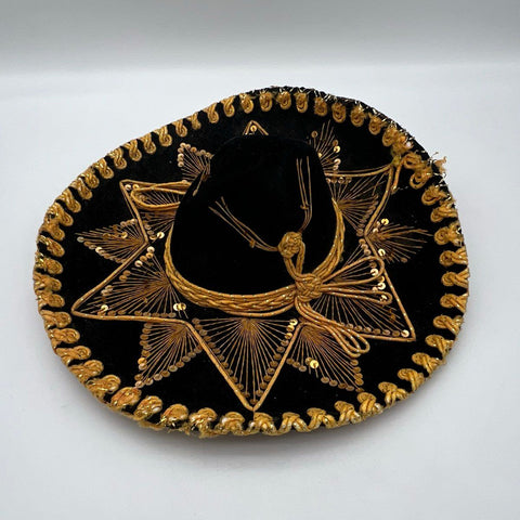 Vintage 90s Pigalle Mexican Sombrero Charro Hat Black Velvet Gold Sequins 18in