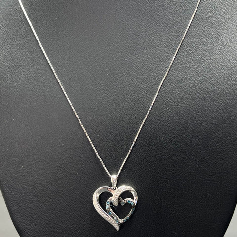 New Sterling Silver Blue & White Diamond Heart Pendant Necklace 18" 1/10 CTTW