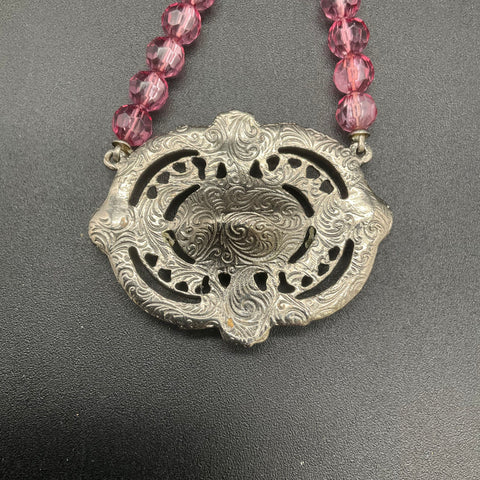 1928 Jewelry Silver Tone Pink Crystal Marcasite Victorian Revival Necklace 18"