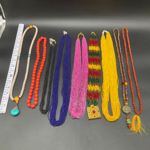 Vintage Boho Tribal Jewelry Lot 9 Mixed Necklaces Seed Bead Multi-Strand Pendant