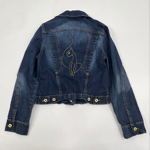 Vintage Y2K Baby Phat Women's Blue Jean Jacket Embroidered Cat Logo Sz M
