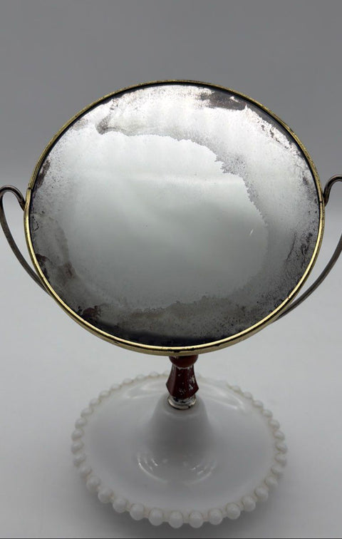 Vintage Swivel Vanity Mirror Hobnail Milk Glass Base Mid Century 11" Tall