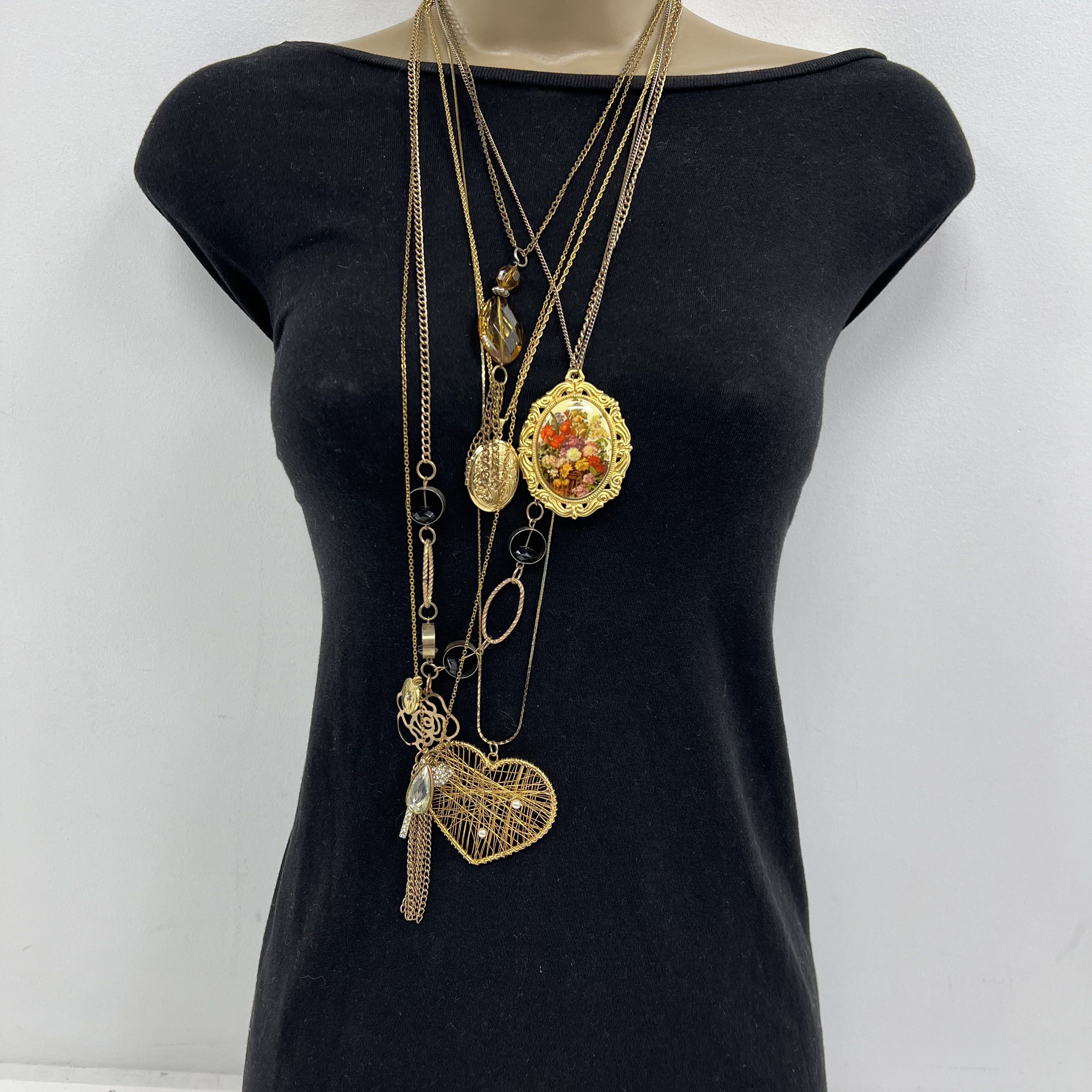 Lot of Gold Tone Chain Long Necklaces with Pendants