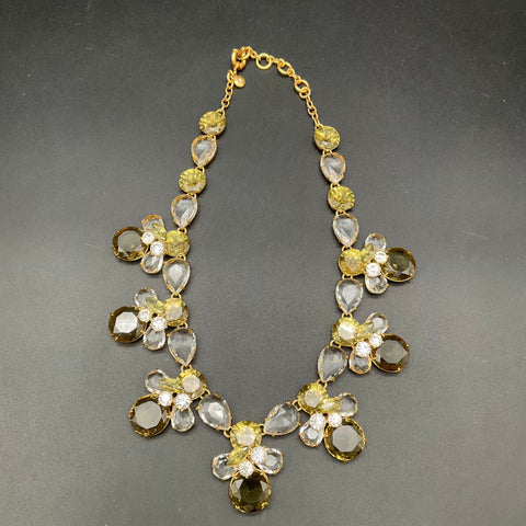 J. Crew Crystal Statement Necklace Gold Tone Yellow Clear Cluster Signed 18"