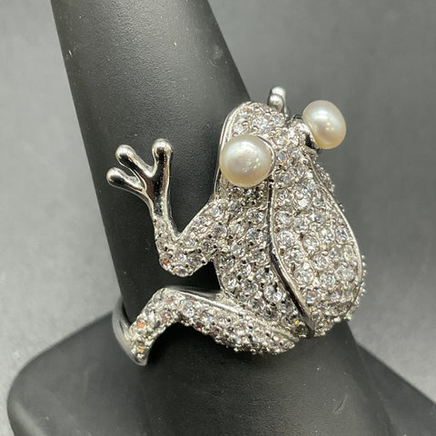 Vintage Silver Tone Crystal Pearl Eye Frog Statement Ring Size 8