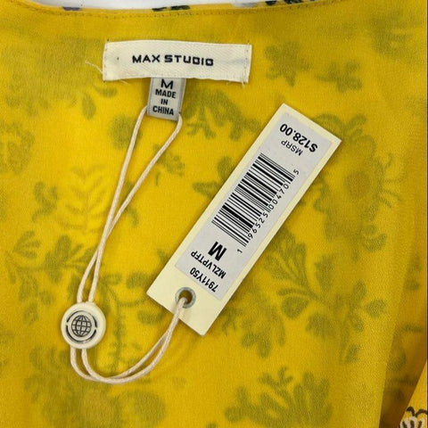 Max Studio Yellow Floral Flutter Sleeve Smocked Midi Dress Women's M NWT