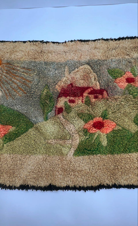 Vintage Hand Hooked Rug Wall Hanging Folk Art Landscape Cottage House Sun