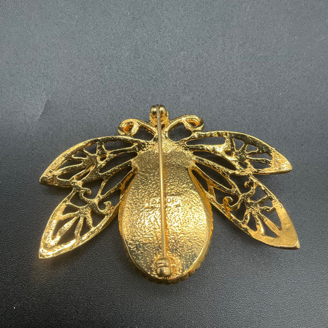 Vintage Avon Gold Tone Faux Pearl Rhinestone Bee Brooch Nature's Flight 2.25"