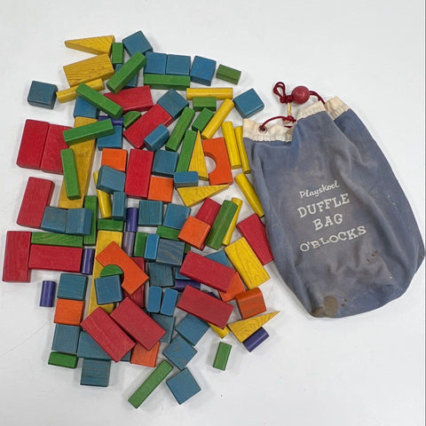 Vintage Playskool Duffle Bag O'Blocks Wooden Building Blocks Toy Lot with Bag