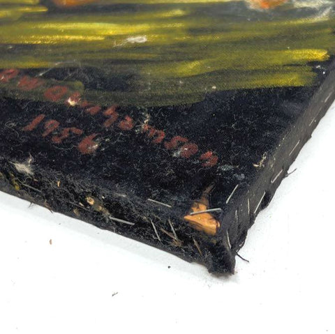 Signed 1956 Mid Century Oil on Velvet Painting Harness Racing Horses 20x24