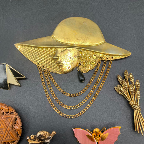 Vintage Costume Jewelry Brooch Lot of 9 Novelty Hat Wheat Butterfly Card Suits