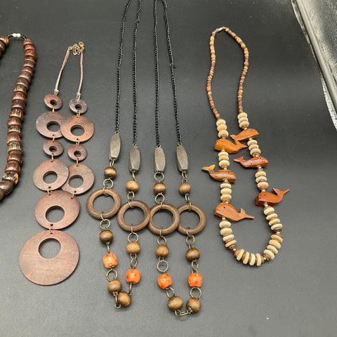 Vintage Boho Natural Wood Beaded Statement Necklaces Jewelry Lot of 7