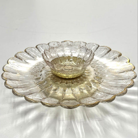 Mid-Century Atomic Glass Chip and Dip Set Gold Black Veined Scalloped 2 Piece