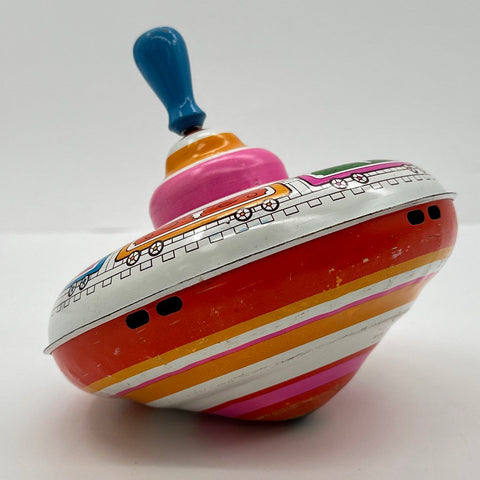 Vintage Ohio Art Tin Litho Spinning Top Lot 2 Piece Train Geometric Mid-Century