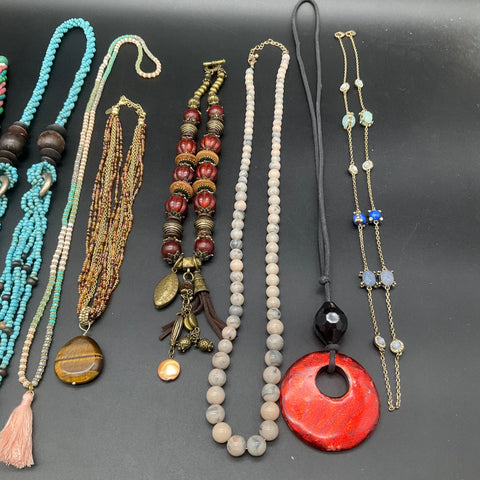 Vintage Boho Statement Beaded Necklace Lot 8 Pc Tiger's Eye Tassel Turquoise