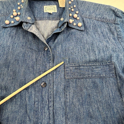 Vintage 90s Hairston Roberson Women's Blue Denim Pearl Collar Shirt Jacket M/L