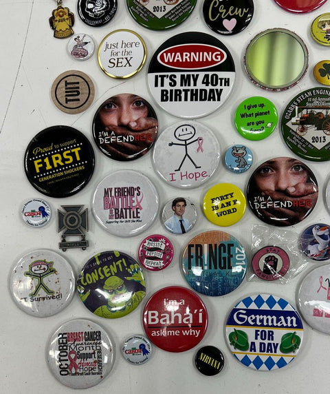 Lot of 85+ Pinback Buttons Enamel Lapel Pins Disney Novelty Humor Awareness