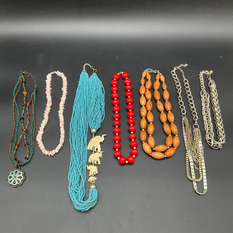 Vintage to Modern Costume Jewelry Lot 7 Necklaces Beaded Statement Shell Chain