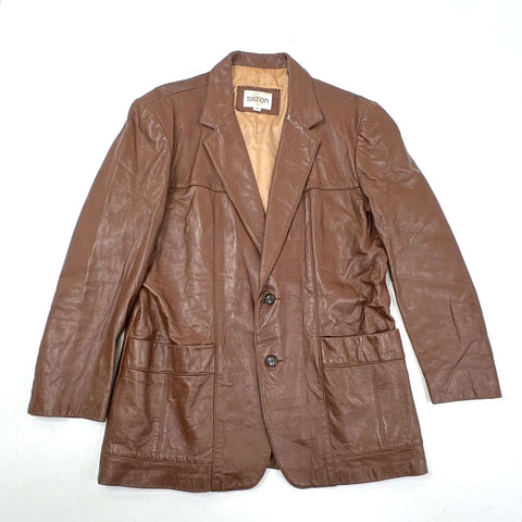 Vintage 70s Silton Genuine Leather Blazer Sport Coat Brown Sz 44