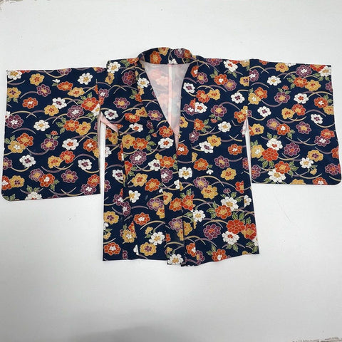 Vintage Japanese Navy Floral Print Haori Kimono Jacket Top Women's One Size