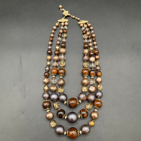 Vintage 1950s-60s Vendome 3-Strand Beaded Necklace Brown Grey Earth Tones