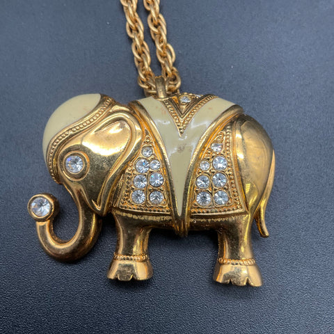 Kenneth Jay Lane for Avon Elephant Brooch Pendant Necklace Gold Tone Rhinestone