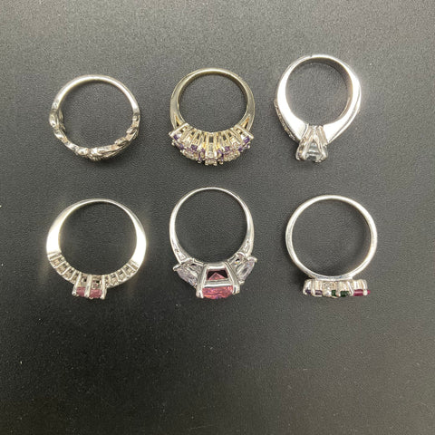 Fashion Jewelry Ring Lot of 6 Silver Tone CZ Rhinestone Statement Rings Size 5-9