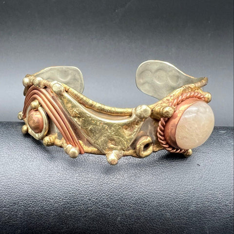 Vintage Brutalist Mixed Metal Copper Brass Artisan Cuff Bracelet Rose Quartz