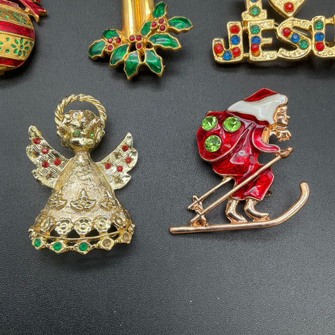 Holiday Pin Lot Tancer II Enameled Rhinestone 8 Pieces Vintage Christmas