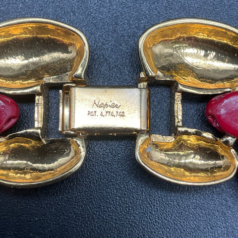 Vintage Signed Napier Red Enamel Gold Tone Necklace and Bracelet Set
