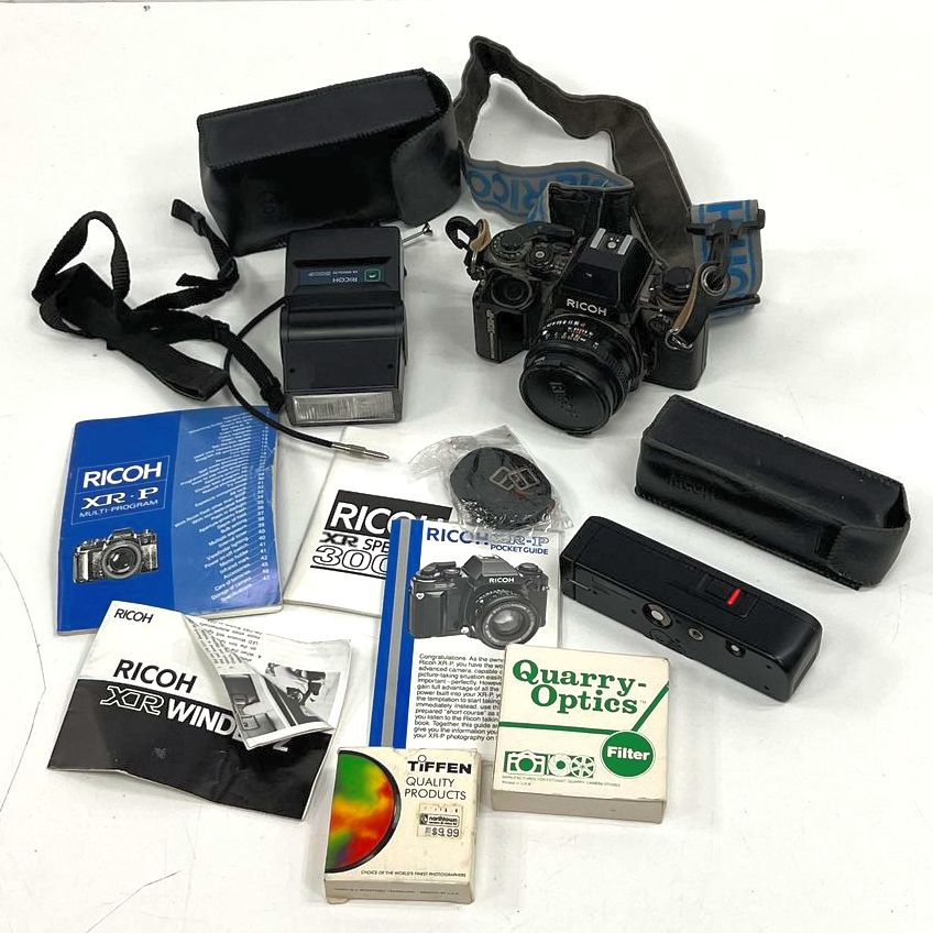 Vintage 80s Ricoh XR-P 35mm SLR Film Camera Lot Flash Winder 50mm Lens