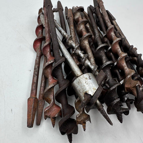 Vintage Wood Boring Auger Brace Bit Lot 21pc Carbon Steel Hand Tool Woodworking