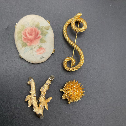 Vintage Brooches Jewelry Lot of 11 Rhinestone Enamel Floral Gold Silver Tone