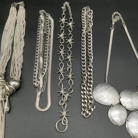 Silver Tone Gothic Jewelry Lot 8 Necklaces Skull Crossbones Barbed Wire Tassel