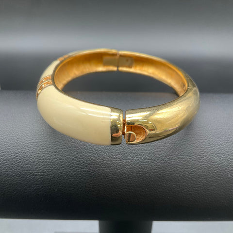 Vintage Swarovski Gold Tone Cream Enamel Crystal Hinged Bangle Bracelet 6.5"