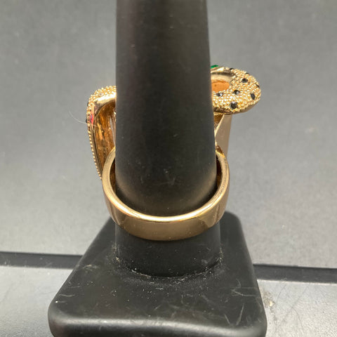 Gold Tone Snake Figural Cocktail Ring Size 9 Brown Glitter Stone Black Accents