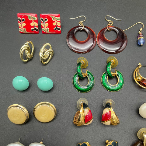 Vintage Faux Pearl Rhinestone Enamel Earring Lot 28 Pairs Hoops Studs Dangles