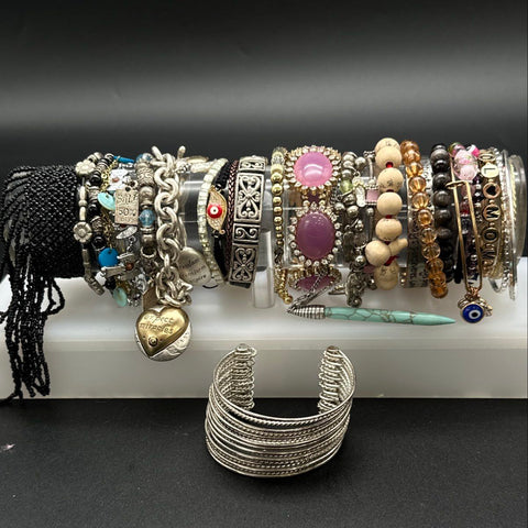 Eclectic Bracelet Jewelry Lot of 22 Beaded Cuff Charm Sterling Silver 925 Heart