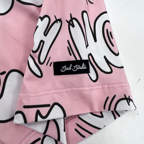 Bad Birdie Men's Pink Bad Wood Graffiti Print Performance Golf Polo Shirt Sz M