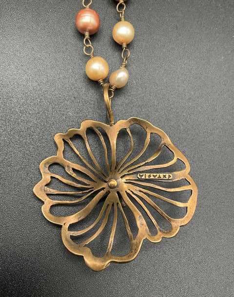 Extasia Bronze Tone Freshwater Pearl Large Flower Pendant Necklace 18" Signed