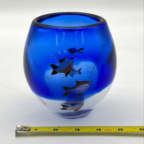 Art Glass Bowl Encased Fish Design Cobalt Blue Cased Glass 6 Inch Vintage