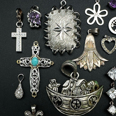 Silver Tone Pendants Jewelry Lot 32 Pcs Hearts Crosses Figures Noah's Ark