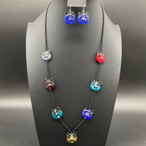 Vintage Handmade Art Glass Lampwork Cat Necklace & Earrings Jewelry Set